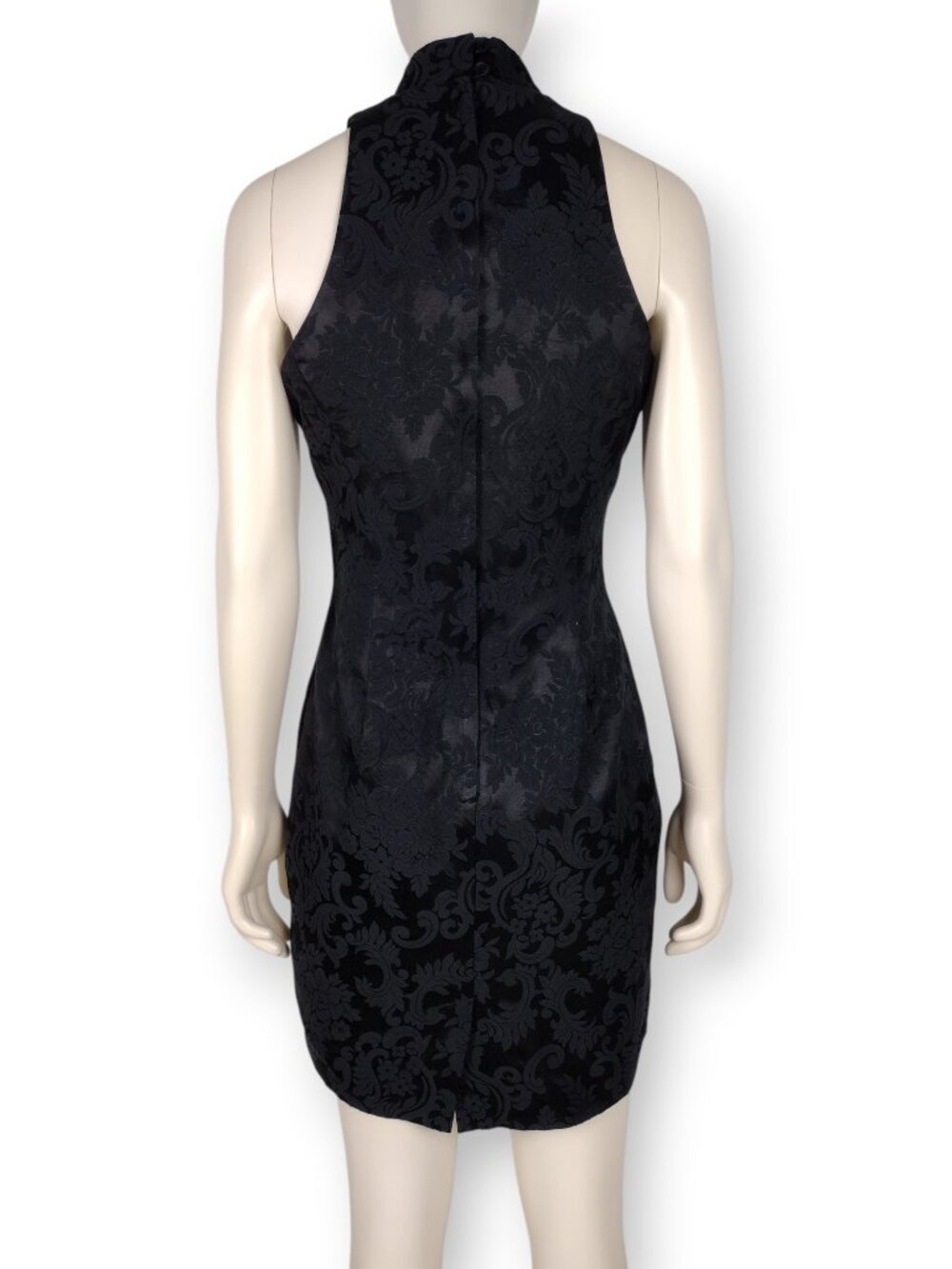 Vintage 90s Jessica McClintock Black Brocade Mini Sheath Choker Halter Dress - Picture 6 of 13